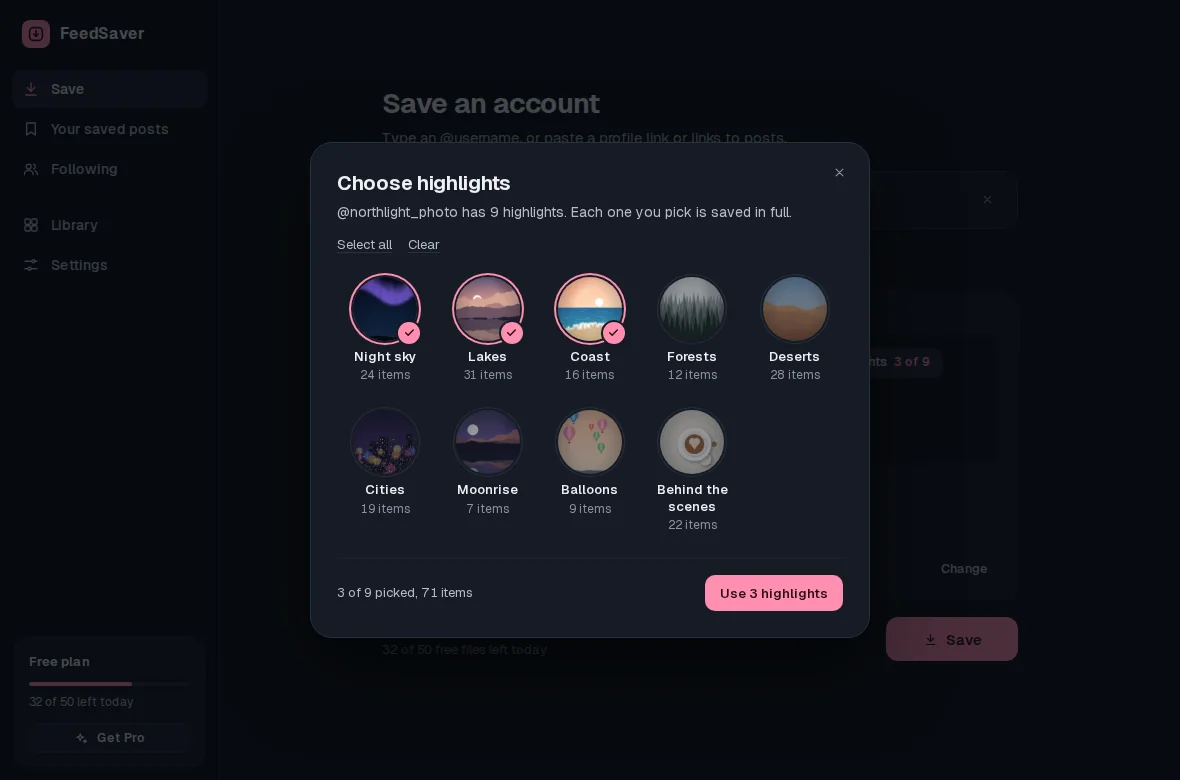 The Choose highlights sheet: nine highlights with covers and item counts, three ticked, and a Use 3 highlights button.