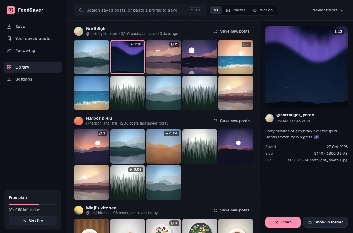 The FeedSaver library: saved photos grouped by account, a search box with All, Photos and Videos filters, and one video open with its caption, saved date and file name.