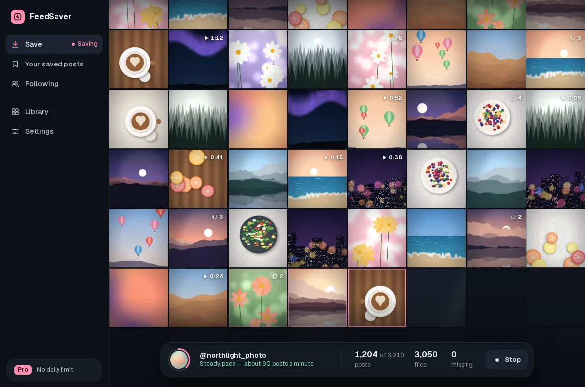 FeedSaver saving an account: a wall of photos filling in, with a bar at the bottom showing the account, 1,204 of 3,210 posts, 3,050 files and 0 missing, and a Stop button.
